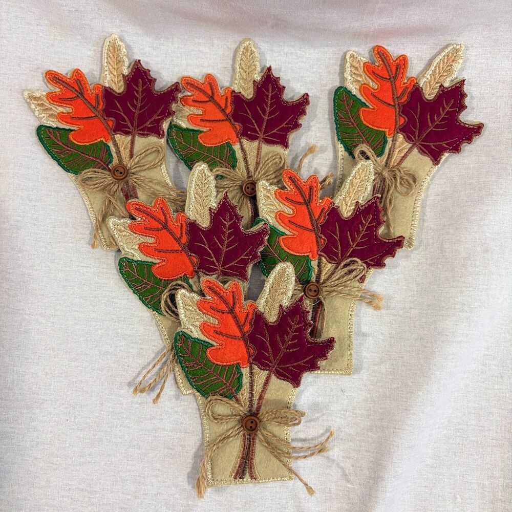 Fall Thanksgiving Flatware Holders Set 6 Embroidered Leaves Rustic Table Decor